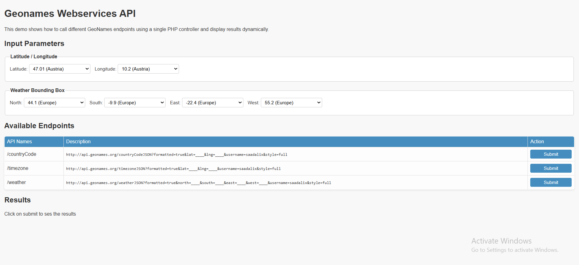 GeoNames API screenshot